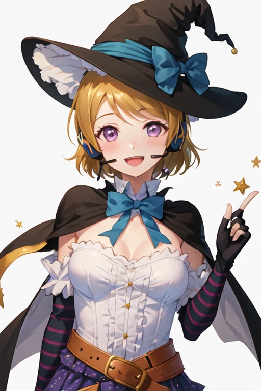 best quality, masterpiece, highres, solo, {koizumi_hanayo_lovelive:1.15}, short_hair, brown_hair, purple_eyes, smile, blush, open_mouth, hair_ornament, 1girl, bow, detached_sleeves, fingerless_gloves, gloves, hat, looking_at_viewer, striped, witch_hat, black_gloves, bowtie, cape, hat_ribbon, headset, ribbon, striped_bow, belt, star_\(symbol\), star_print, :d, black_bow, buckle, halloween, hand_on_headwear, medium_breasts, puffy_sleeves, simple_background, striped_ribbon, upper_body, white_background