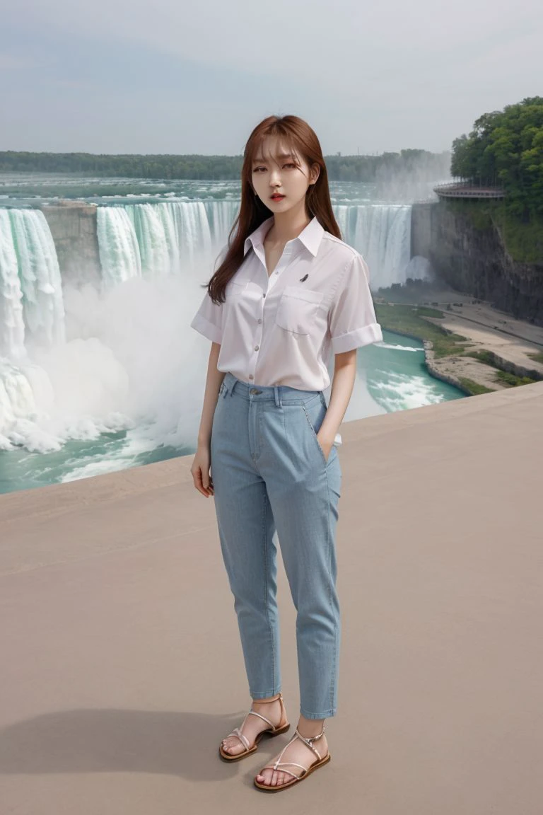 <lora:kim_hee_jeong_obj20:0.5>, full_body, standing, sandals, (shirt), pants, (niagara falls), (kim_hee_jeong: 1.2), perfect face, (contact iris: 1.1), pale skin, skin pores , depth of field