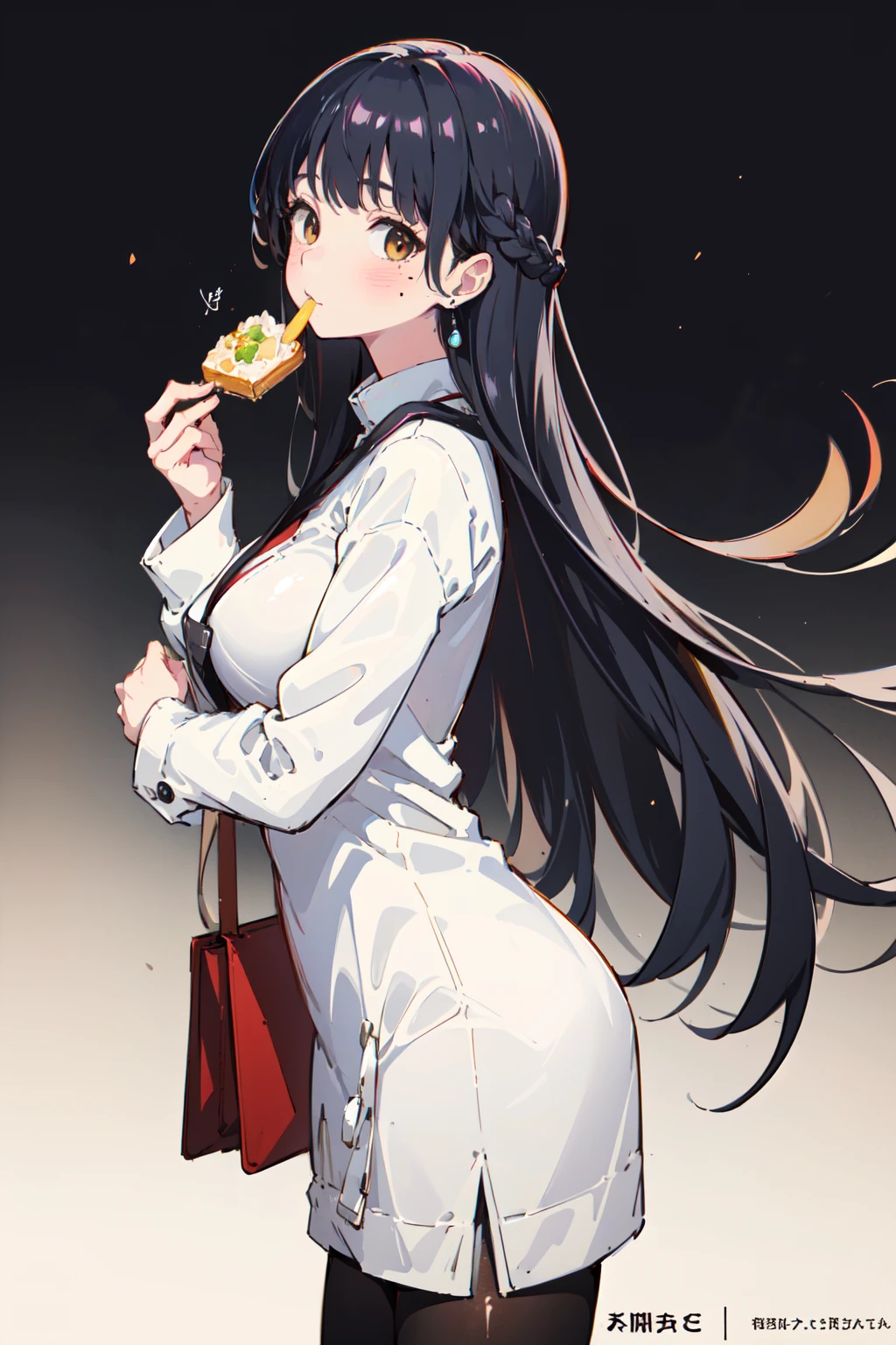 (masterpiece:1.2),best quality,PIXIV,
Anna yamada,1girl,solo,pantyhose,long hair,food,breasts,dress,black hair,mole,jewelry,earrings,large breasts,black pantyhose,white background,blush,red dress,looking at viewer,bag,simple background,braid,signature,eating,handbag,bangs,holding,long sleeves,brown eyes,holding food,food on face,shirt,white shirt,closed mouth,artist name,mole under mouth,from side,:t,cowboy shot,coat,
<lora:Anna yamada-000016:0.8>,