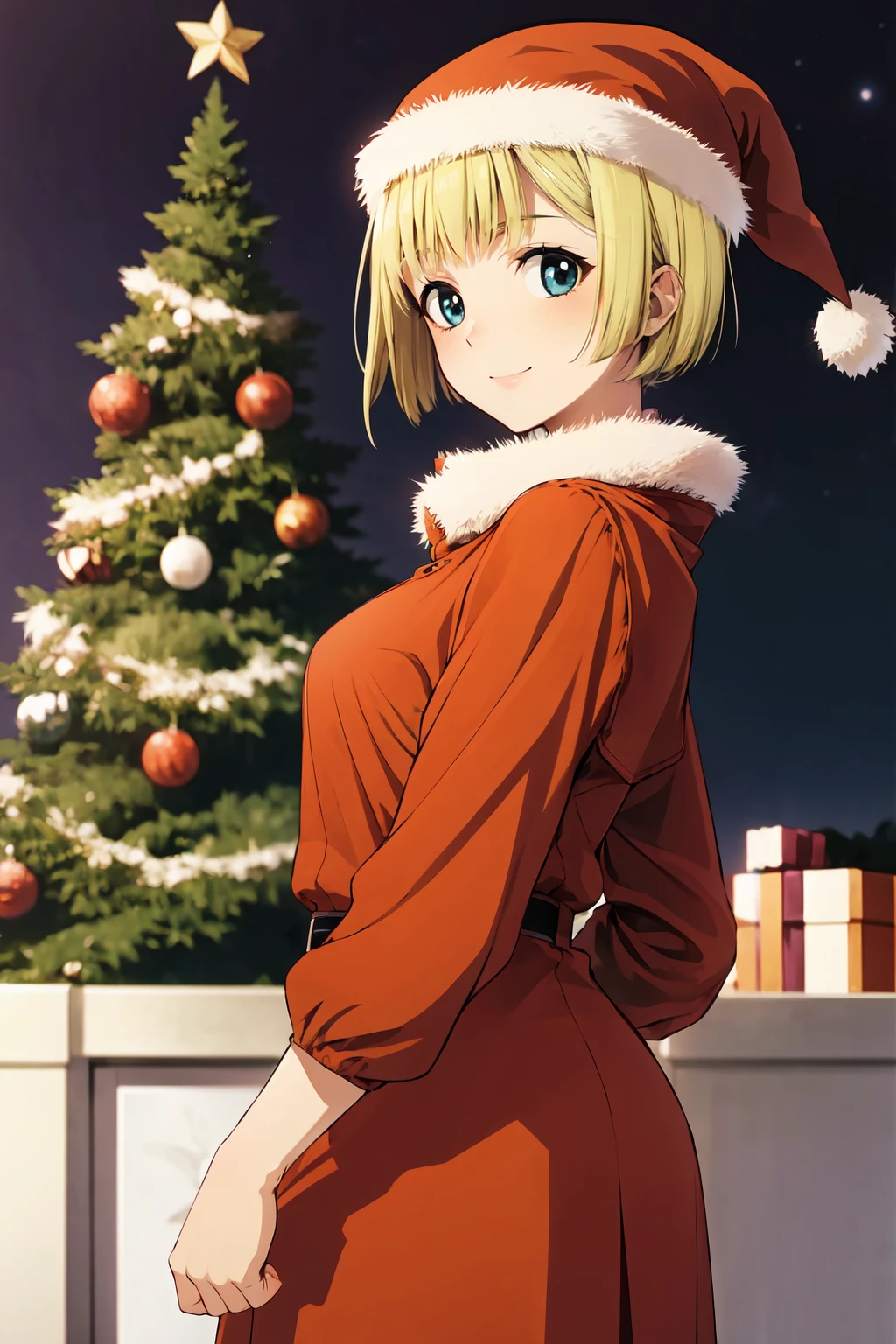 alicema, 1girl, solo, <lora:alicema_V2-10:0.8> , santa hat, santa costume, fur trim, looking at viewer, smile, christmas tree, night sky