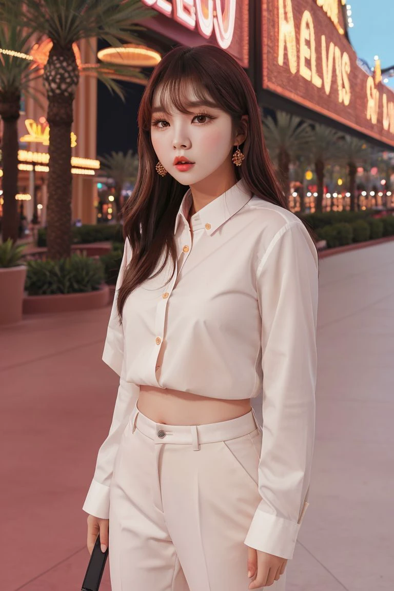 <lora:chayoo_jin_obj20:0.6 >, full_body, standing, sandals, (shirt), pants, (las vegas strip), (chayoo_jin: 1.2), perfect face, (contact iris: 1.1), pale skin, skin pores , depth of field