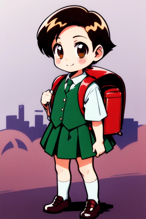 <lora:rokujoumugi:0.8> rokujoumugi, 1girl, solo, backpack, bag, skirt, short hair, brown hair, randoseru, full body, socks, forest, brown eyes, school uniform, holding strap, shoes, retro artstyle, pleated skirt, smile,
child, chibi, night, city,
masterpiece, high quality, very_high_resolution, large_filesize, full color,