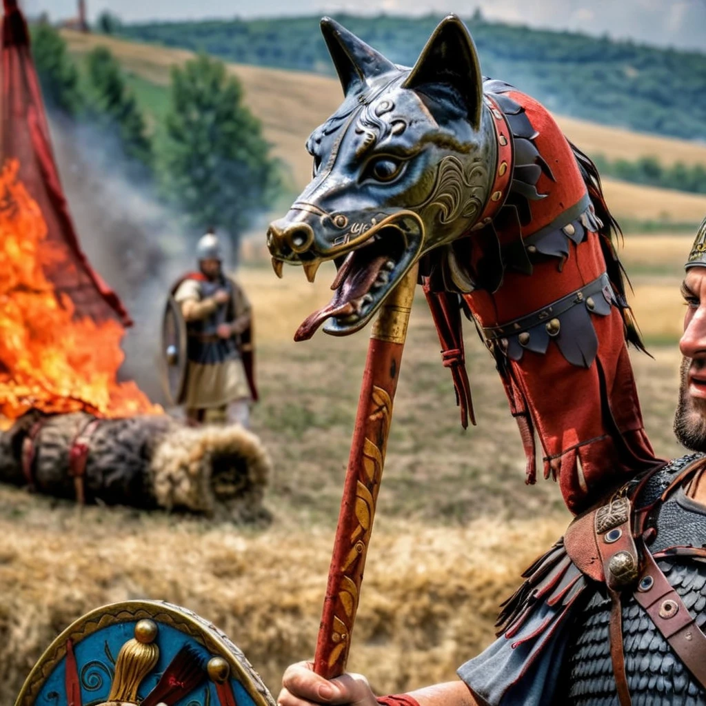 Movie scene, HDR, award winning, photo, Roman soldier holding a dacian draco covered in blood, battlefield scene in the background, burning city in the background<lora:daciandraco:1> draco, dacian, pole