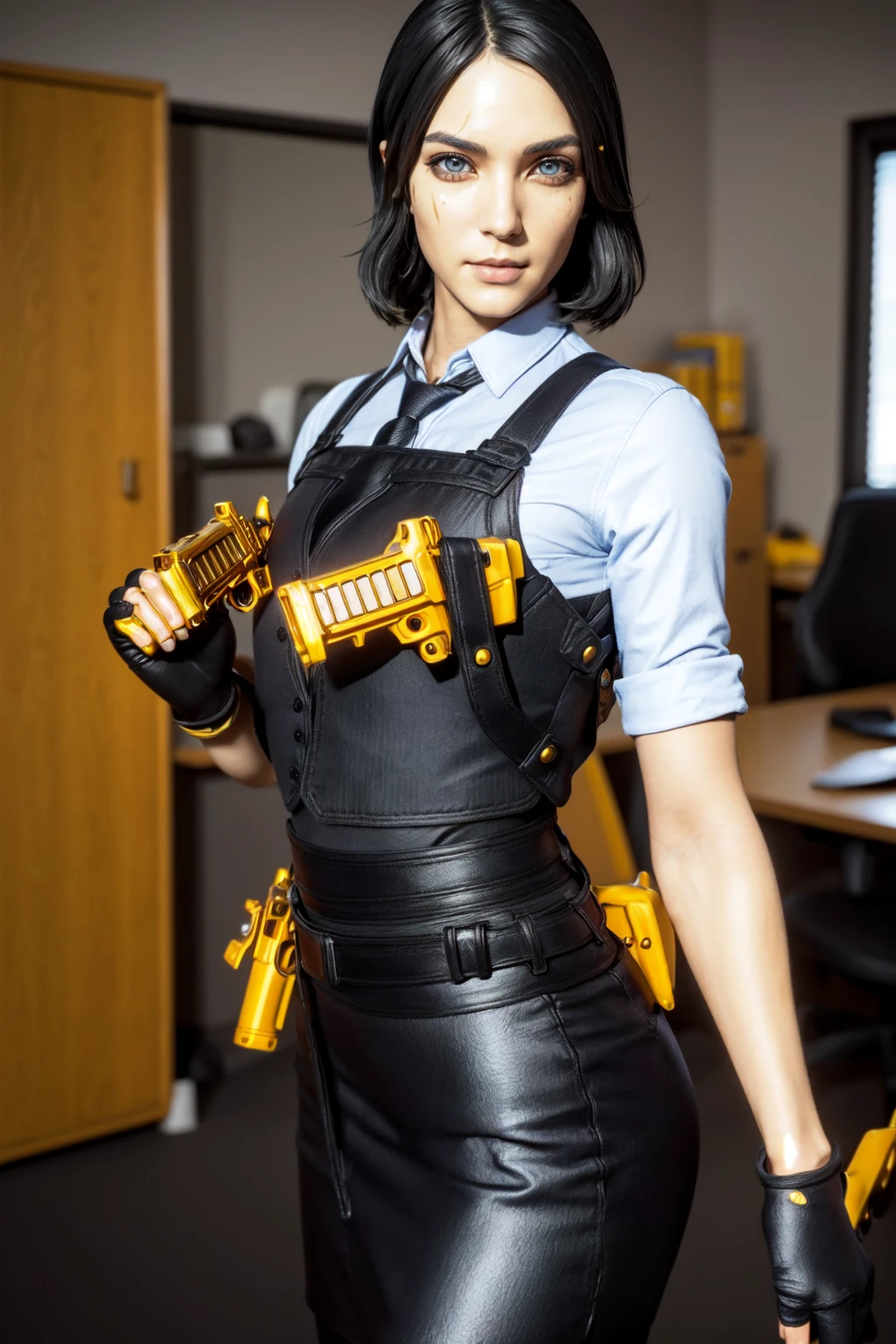 a woman posing in an office <lora:MarigoldLoRA:0.8> marigold, with, scar on eye, uniform, holding, golden gun, beautiful eyes, beautiful girl, high detail skin, high detail eyes, high detail hair, highres, ultra detailed, detailed reflective shiny skin, diffused skin pores, sharpen picture, Highly detailed, masterpiece, best quality,