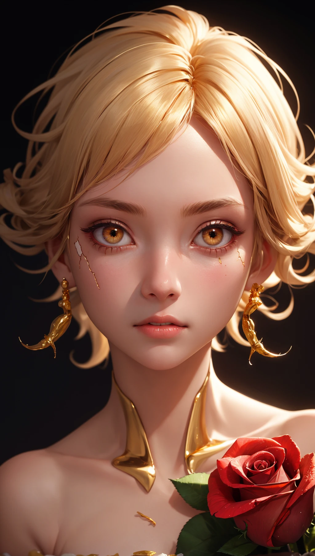 (masterpiece, best quality:1.2),(cracked skin:1.16),crack,rose,flower,gold,1girl,solo,looking at looking at viewer,white skin,gold eyes,