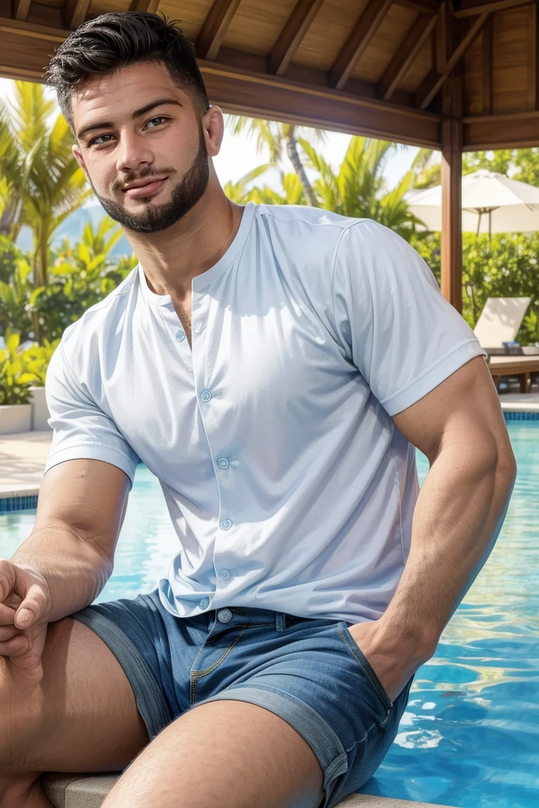 (masterpiece,  best quality:1.2),  man,  facial hair,  solo,  1boy,  smirk,  (depth of field:1.1),  ,  photo of man,  Hawaiian  shirt,  denim shorts,  sitting,  poolside,  white shorts,  masterpiece,  perfect face,  perfect picture,  detailed eyes,  sharp focus,<lora:EMS-230265-EMS:1.000000>