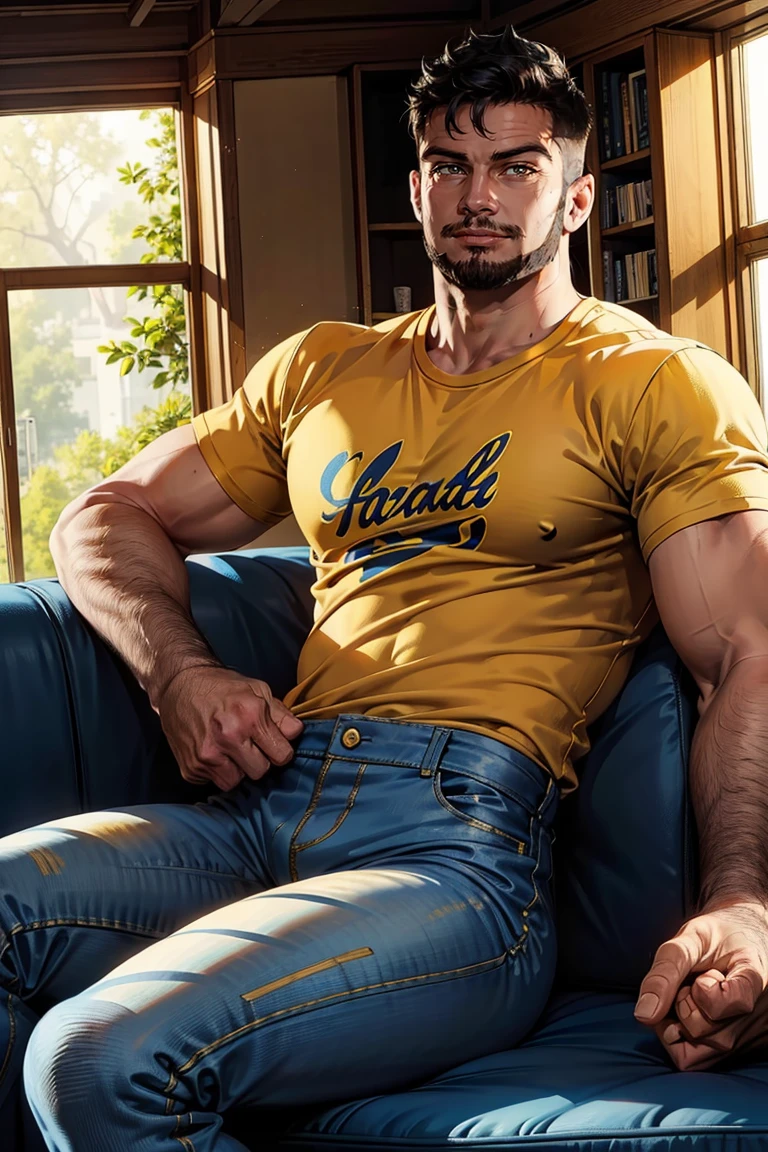 1guy,  (yellow t-shirt),  denim pants,  , serious,  thick legs,  spread legs,  short guy,  facial hair,  sitting,  smirk,  at the couch,  seducing,  looking to viewer,  natural lighting,  detailed face,  detailed eyes,  masterpiece,  high_res,  perfect face,  ,  High detailed,  mattrh,<lora:EMS-230265-EMS:1.000000>