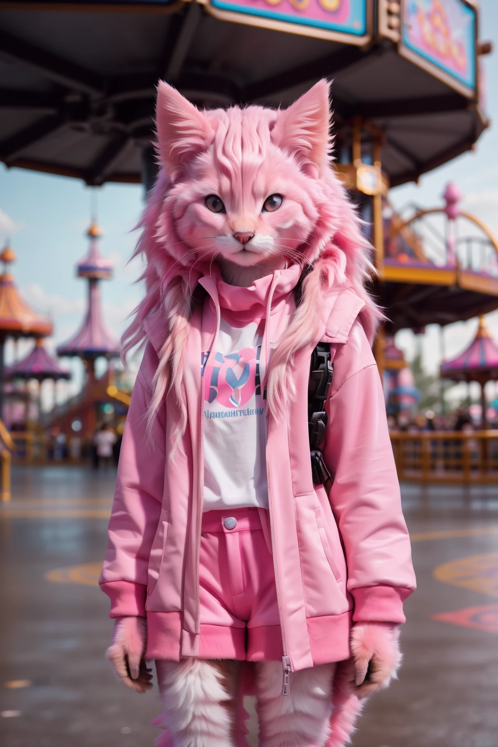 <lora:HumanizedCat_v3-000025:1> masterpiece of photorealism, photorealistic highly detailed 8k photography, best cinematic quality, volumetric lighting and shadows, long hair  Bright Pink hmnzct girl, casual clothes, Petite: Generally shorter in stature with proportional body features, all body covered by long fur, Contemplative Hand on Chin: Resting the hand on the chin while looking into the distance., Deserted Amusement Parks full of busy people, Dynamic Tracking Shot Along a Path