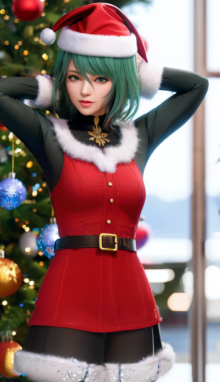 masterpiece,highres,3D graphics,available light,snowflakes,outdoors,
tamaki,1girl,solo,green hair,green eyes,((red christmas dress)),thighhighs,looking_at_viewer,arms behind head,christmas,portrait,mole under eye,
<lora:add_detail:0.3>,<lora:tamaki-000005:0.7>,