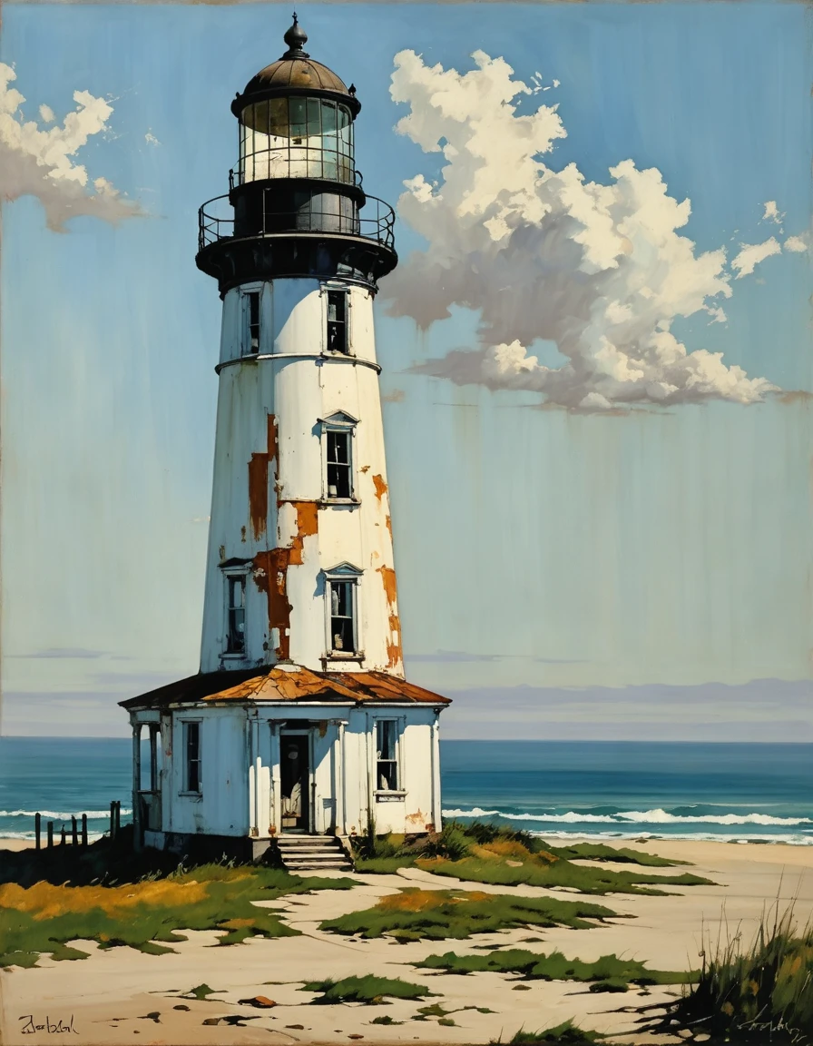 A dilapidated lighthouse, sea breeze, magical realism, reminiscent of the work of Edward Hopper