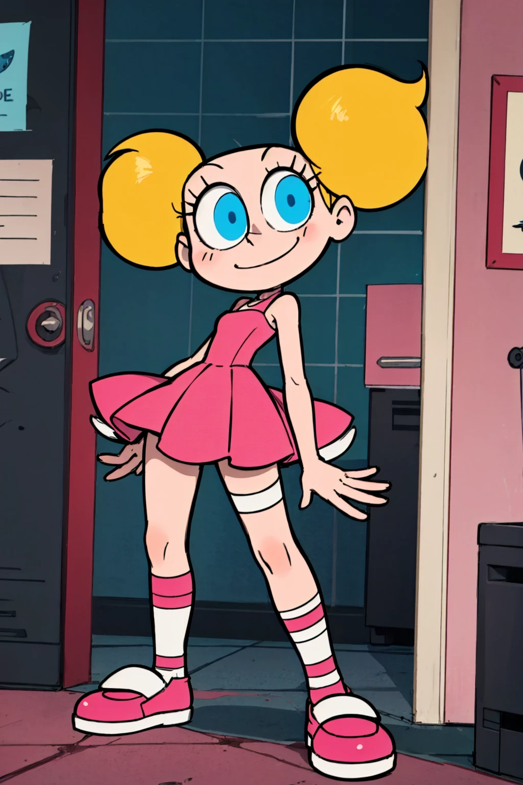 blonde hair, deedee, solo, white legwear, pink dress, twintails, blue eyes, 1girl, short twintails, smile, standing, pink footwear , <lora:deedee3.0-000008:0.5>