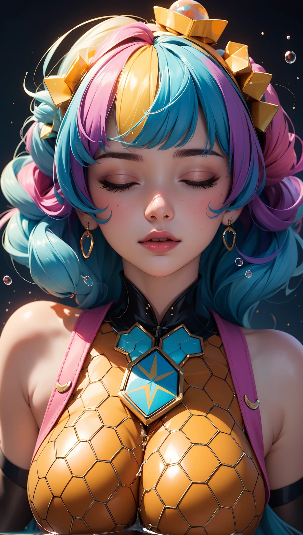 masterpiece,best quality,1girl,closed eyes,upper body,splashing,abstract,psychedelic,neon,(honeycomb pattern),(creative:1.3),sy3,SMM,fantasy00d,