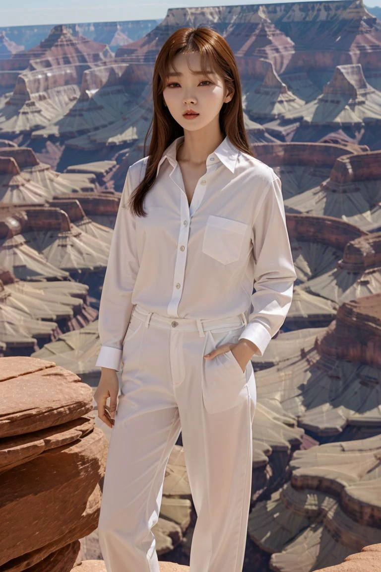 <lora:kim_hee_jeong_obj20:0.5>, full_body, standing, sandals, (shirt), pants, (grand canyon), (kim_hee_jeong: 1.2), perfect face, (contact iris: 1.1), pale skin, skin pores , depth of field