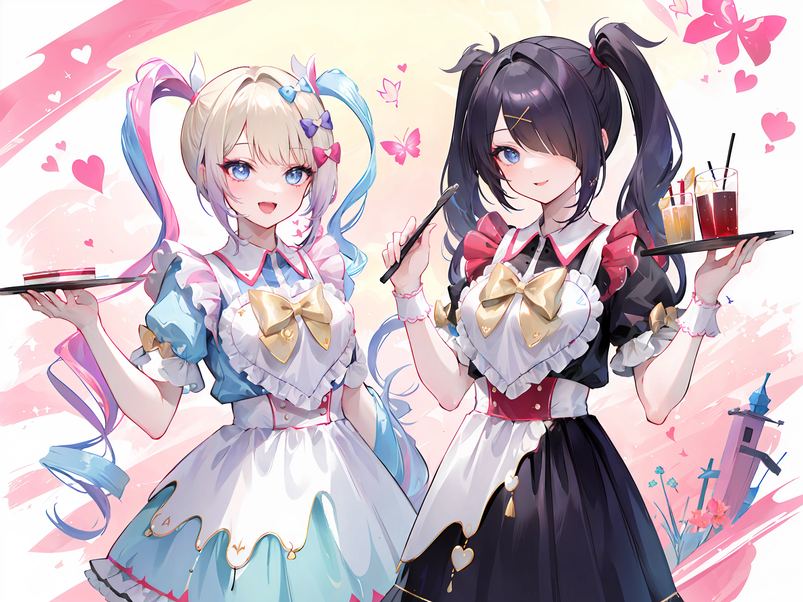 ((masterpiece,best quality)), 2girls, standing, holding tray ADDCOMM
1girl, kangelsp, smile, open mouth BREAK
1girl, amechansp, hair over one eye, smile