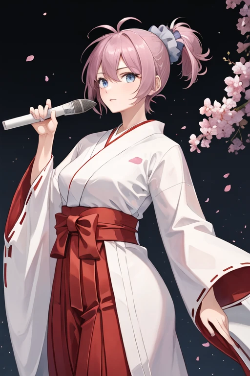 best quality, masterpiece, highres, solo, {white kimono:1.35}, {red hakama:1.35}, {wide sleeves:1.20}, {aoba_kantaicollection:1.15}, ponytail, scrunchie, blue_eyes, purple_hair, pink_hair, blue_scrunchie, serafuku, messy_hair, breasts, short_hair, hair_ornament, hair_scrunchie