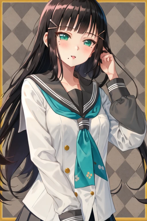 best quality, masterpiece, highres, solo, {kurosawa_dia_lovelivesunshine:1.15}, black_hair, bangs, mole, mole_under_mouth, long_hair, hair_ornament, blunt_bangs, blush, green_eyes, smile, hairclip, aqua_eyes, 1girl, grey_sailor_collar, school_uniform, serafuku, uranohoshi_school_uniform, :o, green_neckerchief, looking_away, neckerchief, sailor_collar, tie_clip, argyle, argyle_background, buttons, character_name, double-breasted, long_sleeves, parted_lips, shirt, sidelocks, upper_body