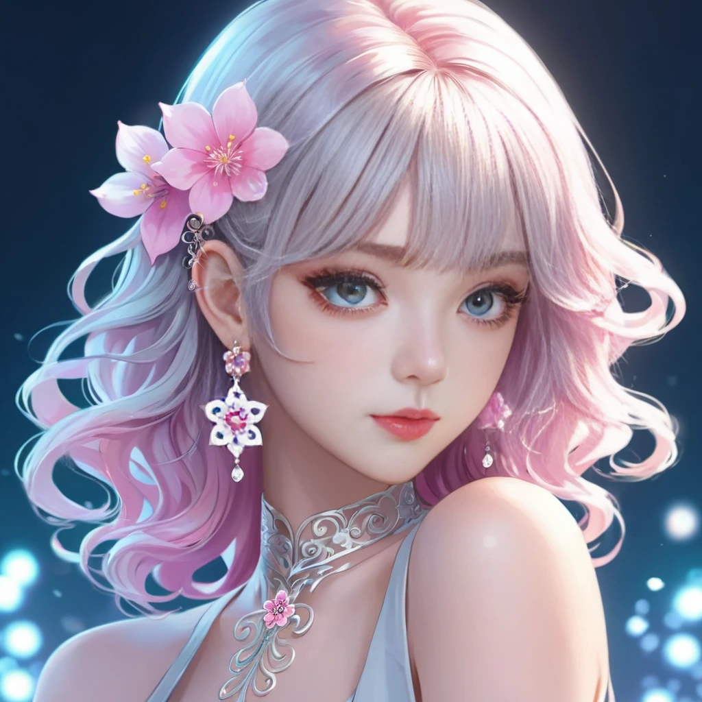 agg, glamorous curls, anime gorgeous girl, 1girl, pink flower, earrings, forehead marker, hair ornament, light gray long hair, tattoo, forehead imprint, looking at viewer, head portrait, aurelia, Joi, <lora:AGG Joi:0.1>