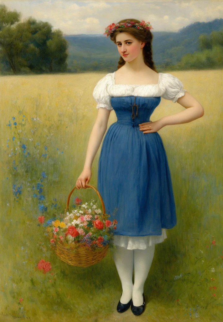 a painting of a standing woman by Chpln, blue dress, brown hair, braid, basket, breasts, grass, flower, puffy short sleeves, cleavage, long hair, long dress, holding, full body, looking at viewer, hair over shoulder, outdoors, <lora:chaplin_resize:0.75