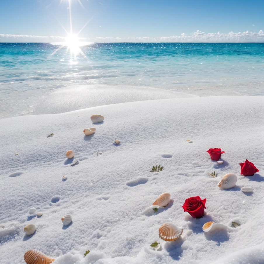 delicate scene,depth of field, 8K, The ivory sky,white clouds,and sunlight shine on the snow-white beach. The coral sea,and many colorful tinny shells on the beach,red roses, roses focus,