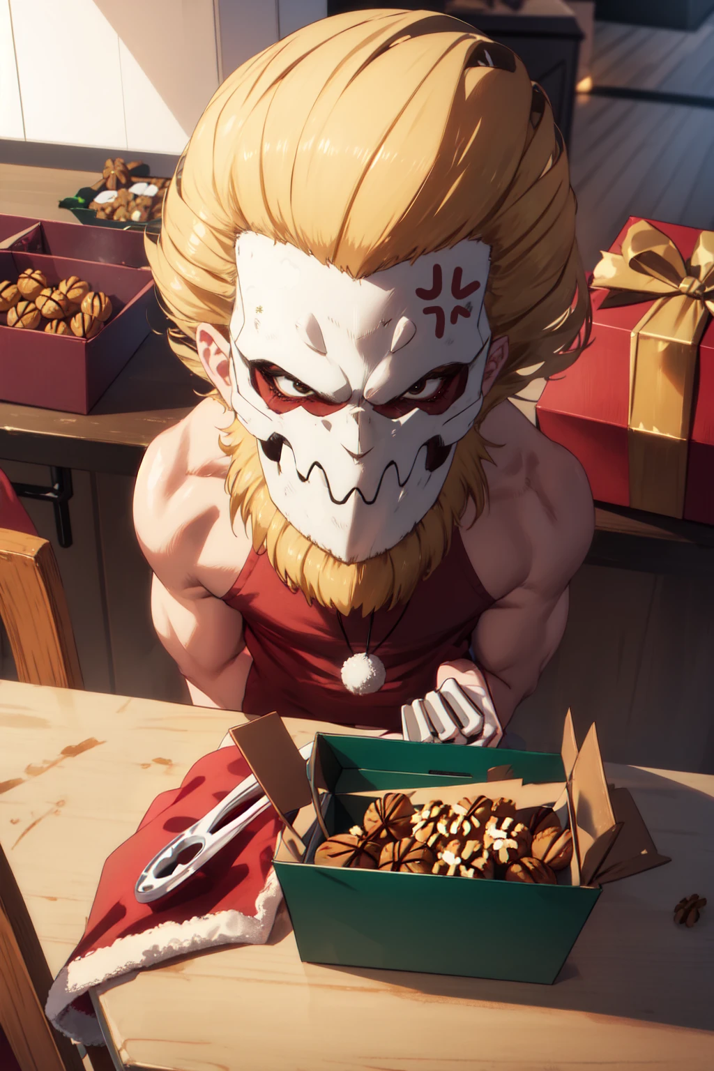 <lora:yomama_jaw_titan-10:0.6> yomama_jaw_titan, blonde hair, metal nutcracker, holding a fist, christmas present on table, christmas box, ((walnuts)), nutcracker, nuts,1 boy, nude, tank tops,