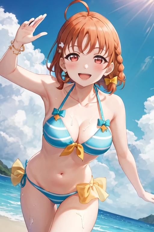 masterpiece,best quality,highres,ultra-detailed,laufen,short hair,double bun,blunt bangs,hair ornament,brown eyes,<lora:laufen:0.7>,beach,:d,arms_behind_back,leaning_forward,bikini,