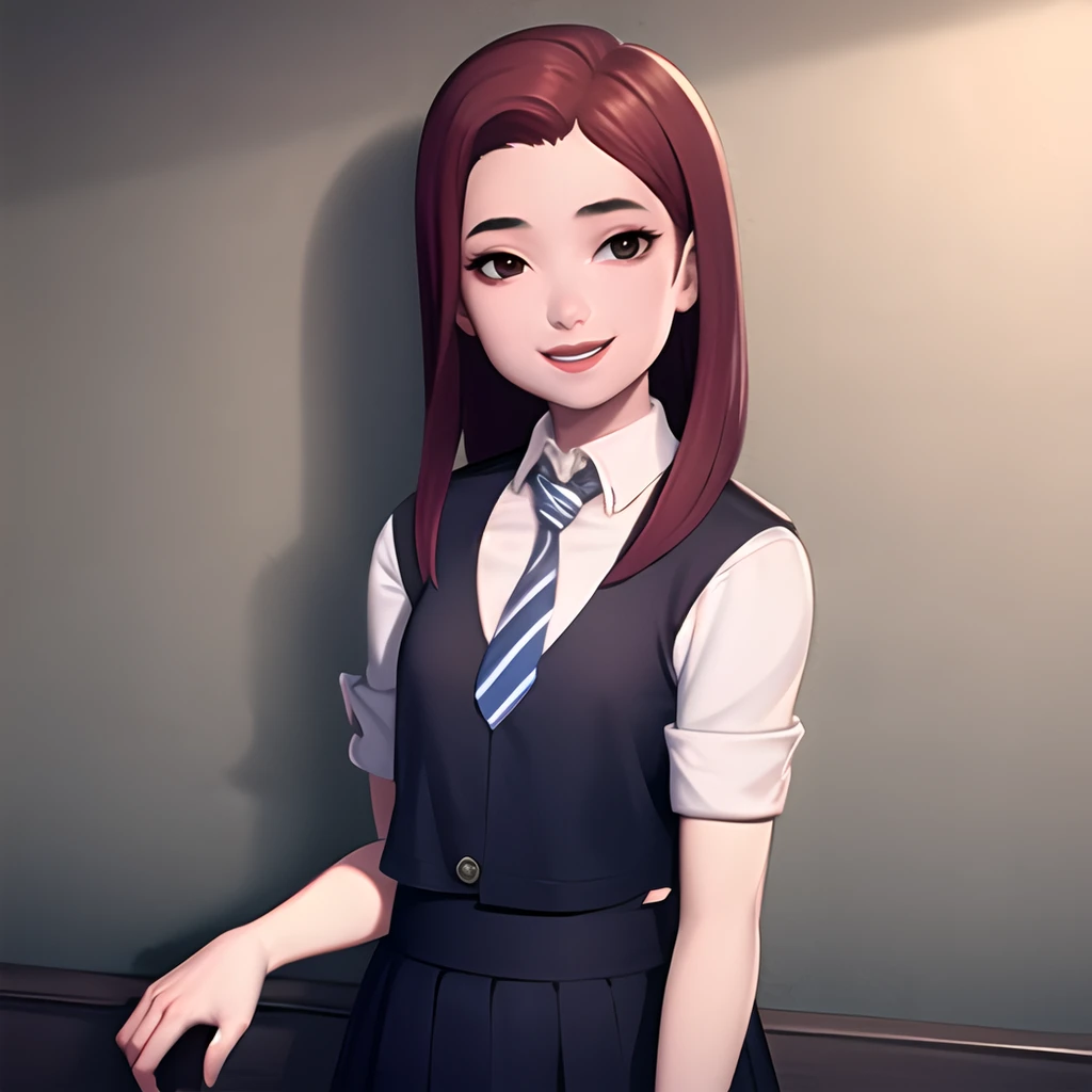 TulipKarasu, solo, upper body, long hair, white shirt, collared shirt, sleeves rolled up, blue necktie, black skirt, striped necktie, medium breasts, looking at viewer, smile, cowboy shot, <lora:TulipKarasu_v1:0.75>