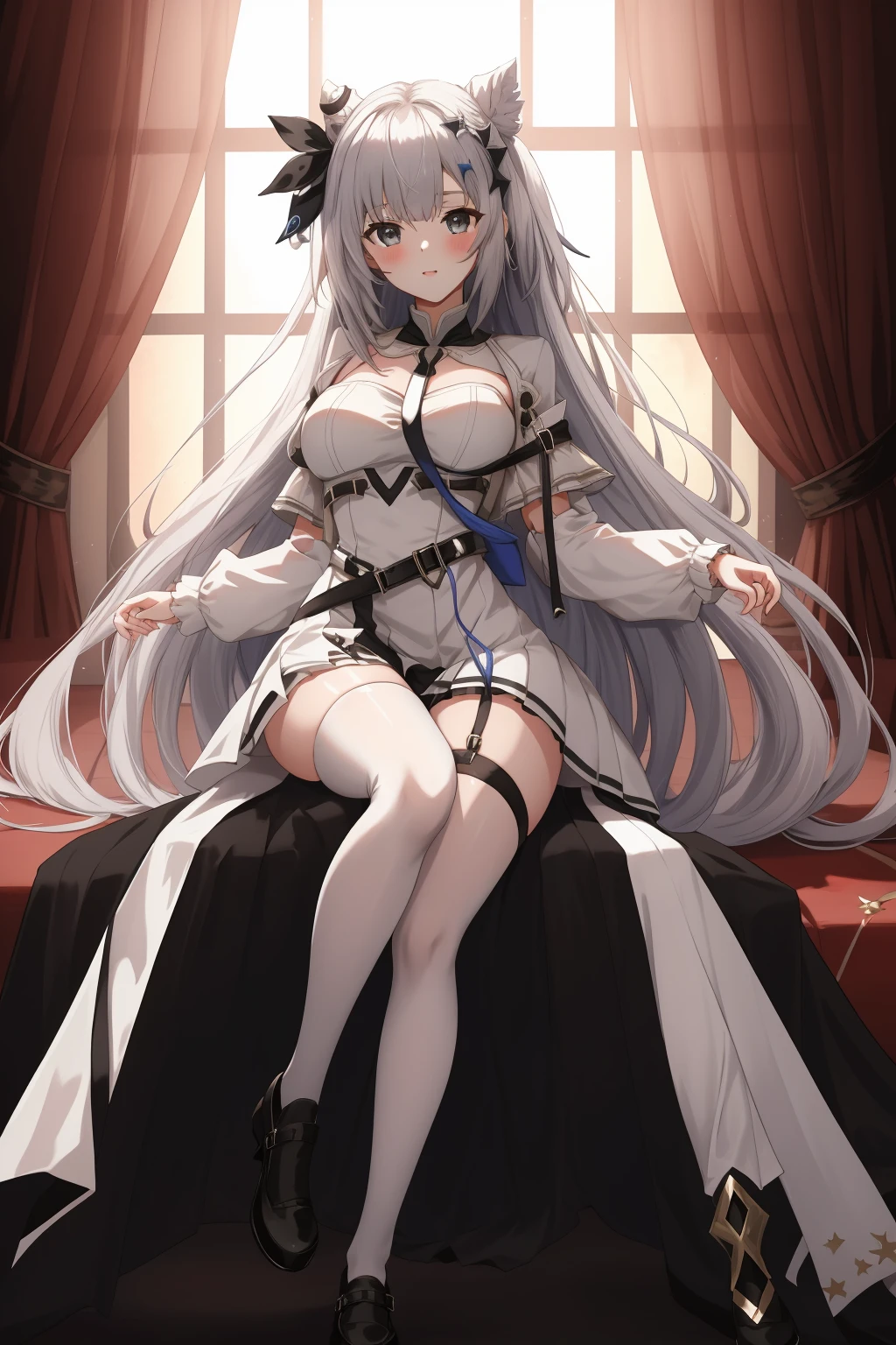 ((best quality)), absurdres, ((ultra high res)), vestia zeta, a woman in a white dress and black stockings, extremely detailed, 8k, masterpiece, <lora:zeta-20:0.75>