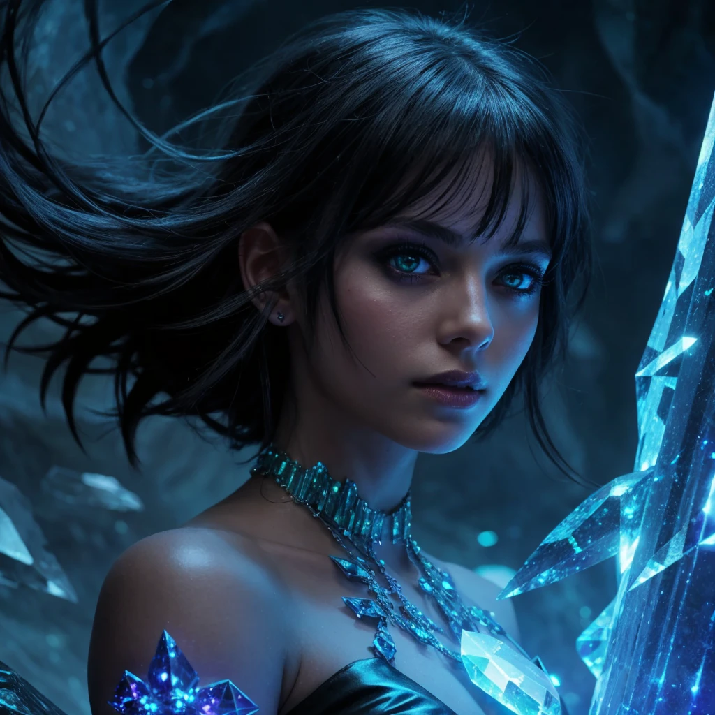 1girl, Cavern city glowing with crystals, inhabitants with glowing tattoos, channeling dark fantasy anime visuals.