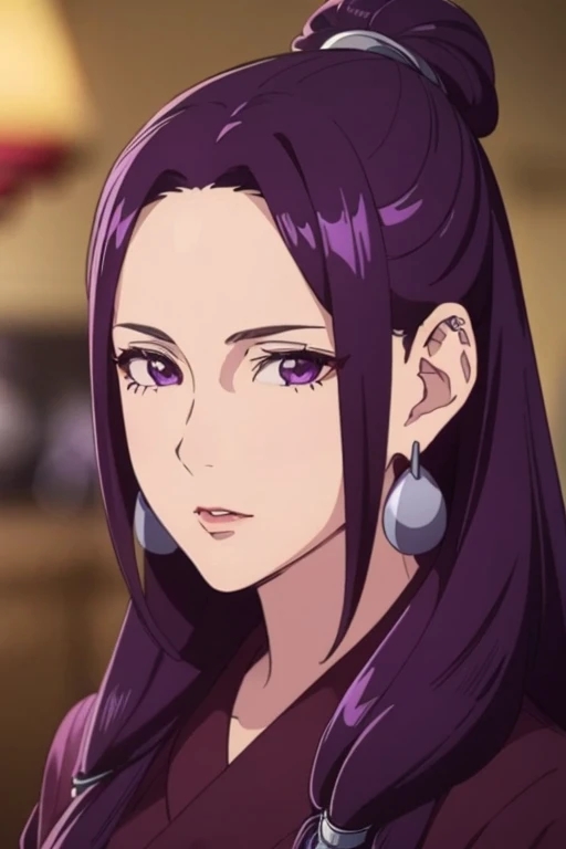 ((extremely realistic shading, masterpiece, extremely detailed, photorealistic)) <lora:aduofei-10:0.9>Purple long hair, bare forehead, purple eyes, earrings,mature women