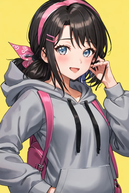 best quality, masterpiece, highres, solo, {okusawa_misaki_bangdream:1.15}, bangs, black_hair, hair_ornament, blue_eyes, hairclip, blush, smile, medium_hair, open_mouth, long_hair, 1girl, drawstring, grey_hoodie, hair_ribbon, hairband, hood, hood_down, hoodie, looking_at_viewer, ribbon, backpack, bag, clothes_writing, long_sleeves, upper_body, yellow_background