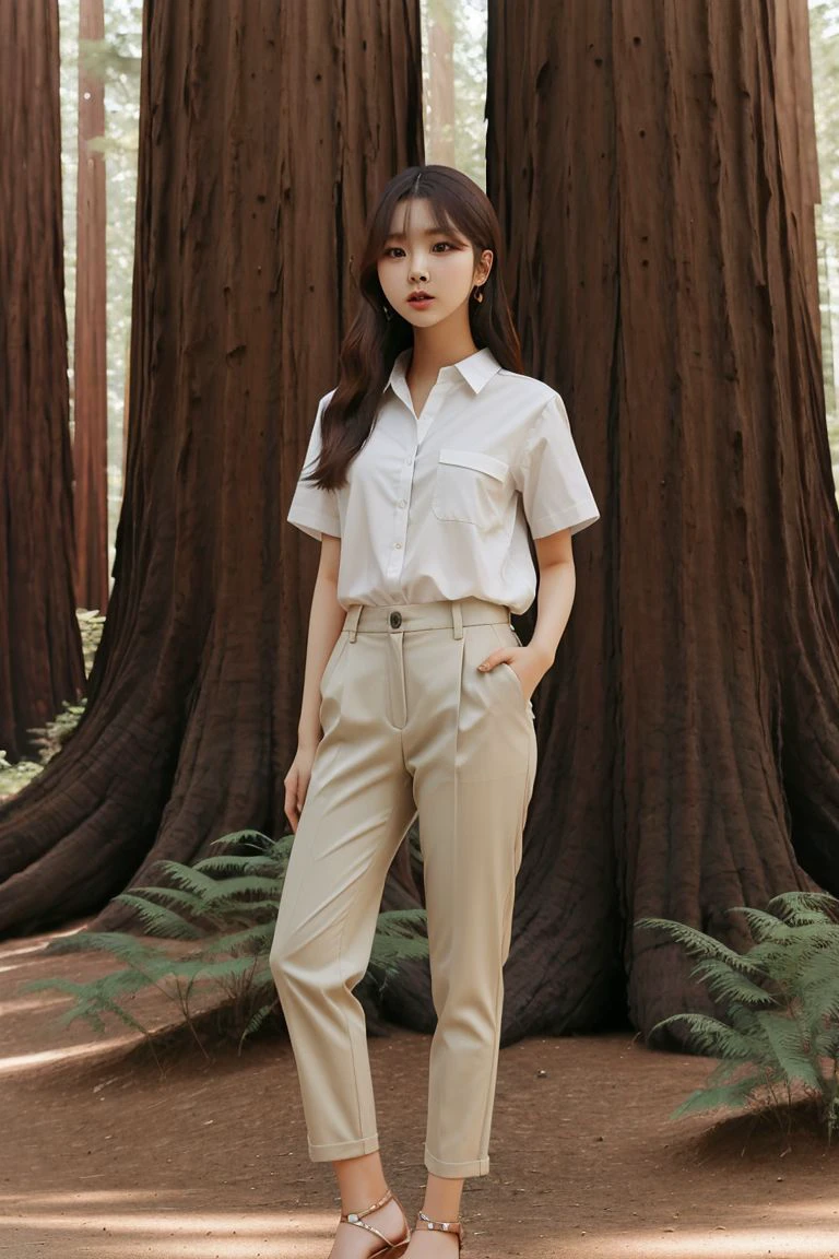 <lora:chayoo_jin_obj20:0.6 >, full_body, standing, sandals, (shirt), pants, (california redwoods), (chayoo_jin: 1.2), perfect face, (contact iris: 1.1), pale skin, skin pores , depth of field