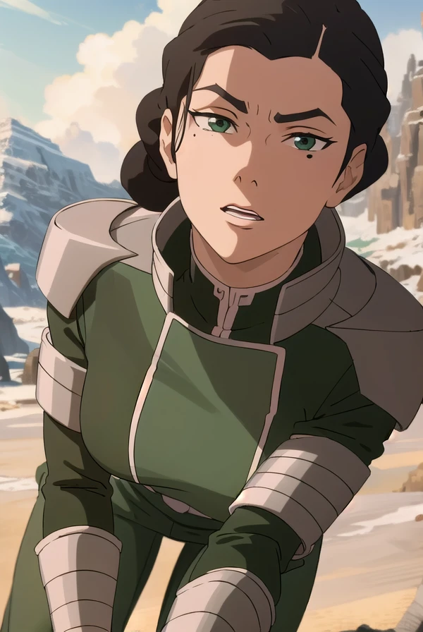 avatarkuvira, <lora:avatar kuvira-lora-nochekaiser:1>,
kuvira, black hair, dark skin, hair bun, single hair bun, (green eyes:1.5), mole, mole under eye,
BREAK boots, armor, uniform, military, military uniform,
BREAK outdoors, forest, nature, sky, sun, clouds,
BREAK looking at viewer,
BREAK <lyco:GoodHands-beta2:1>, (masterpiece:1.2), best quality, high resolution, unity 8k wallpaper, (illustration:0.8), (beautiful detailed eyes:1.6), extremely detailed face, perfect lighting, extremely detailed CG, (perfect hands, perfect anatomy),