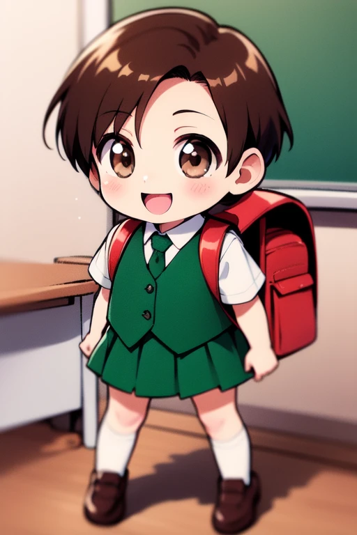 <lora:rokujoumugi:0.8> rokujoumugi, brown hair, short hair, brown eyes, chibi, toddler, classroom,
solo, 1girl, backpack, bag, skirt, short hair, randoseru, necktie, socks, school uniform, full body, vest, smile, happy,
masterpiece, high quality, very_high_resolution, large_filesize, full color,