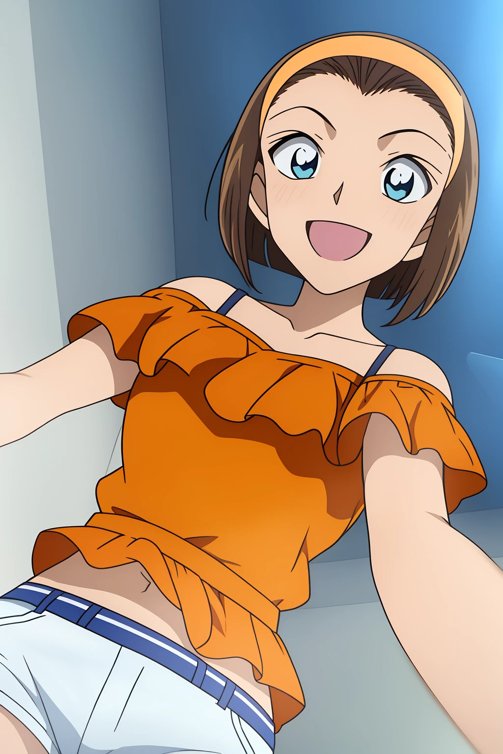 sonoko, 1girl,solo,breasts,smile,short_hair,open_mouth,blue_eyes,brown_hair,shirt,black_hair,bare_shoulders,collarbone,:d,cowboy_shot,hairband,frills,shorts,off_shoulder,short_shorts,dutch_angle,from_below,white_shorts,orange_shirt