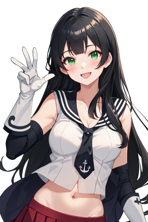 best quality, masterpiece, highres, solo, {agano_kantaicollection:1.15}, long_hair, black_hair, breasts, green_eyes, large_breasts, blush, open_mouth, smile, 1girl, sailor_collar, school_uniform, serafuku, sleeveless, black_sailor_collar, looking_at_viewer, necktie, shirt, gloves, sleeveless_shirt, white_gloves, skirt, black_necktie, pleated_skirt, red_skirt, anchor_symbol, midriff, white_background, simple_background, one-hour_drawing_challenge, upper_body, cleavage, navel