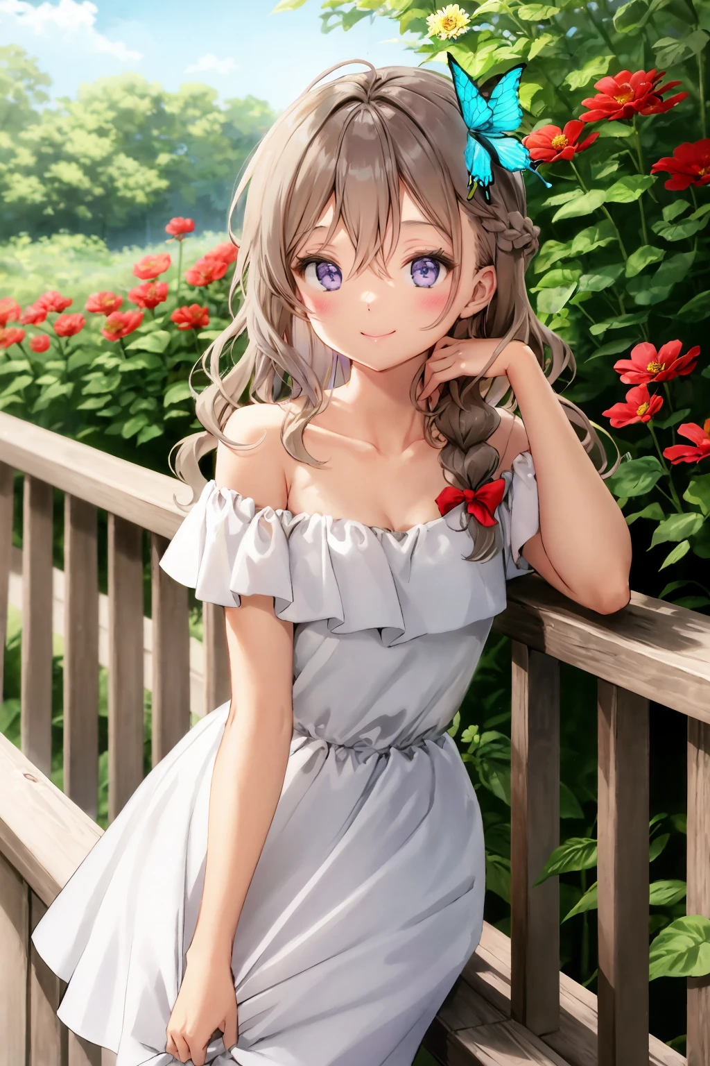 (best quality), (masterpiece), (ultra detailed), (highres), production art, 1girl, flower, dress, blue eyes, solo, bug, long hair, butterfly, yellow flower, white dress, off-shoulder dress, hair ornament, blush, hair flower, braid, bare shoulders, looking at viewer, railing, smile, bangs, off shoulder, plant, closed mouth, purple flower, collarbone, brown hair, bird, animal, hair between eyes, very long hair, blue flower, frilled dress, wavy hair, red flower, outdoors, frills