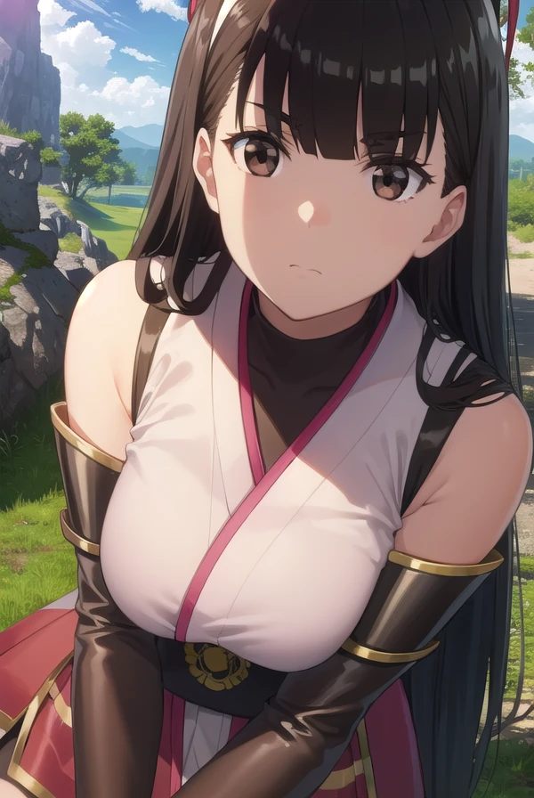 bofurikasumi, <lora:bofuri kasumi s2-lora-nochekaiser:1>,
kasumi, long hair, black hair, ribbon, hair ribbon, bangs, blunt bangs, (brown eyes:1.5),
BREAK thighhighs, detached sleeves, japanese clothes, black thighhighs, bare shoulders,
BREAK outdoors, forest, nature, sky, sun, clouds,
BREAK looking at viewer,
BREAK <lyco:GoodHands-beta2:1>, (masterpiece:1.2), best quality, high resolution, unity 8k wallpaper, (illustration:0.8), (beautiful detailed eyes:1.6), extremely detailed face, perfect lighting, extremely detailed CG, (perfect hands, perfect anatomy),