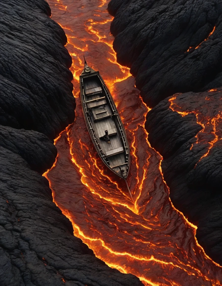 A magical scene of a boat sailing on a river of molten lava that transitions into a calm stream as it moves, intricate accurate details, capturing the dramatic contrasts and phases, 8K.