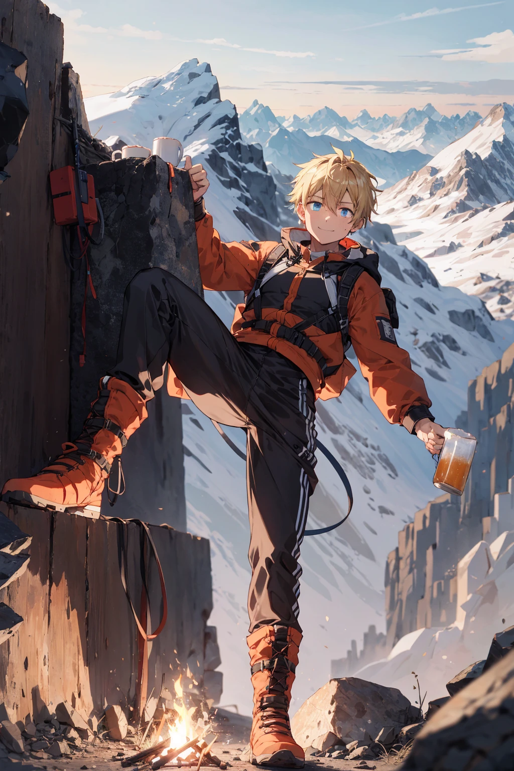 wide Shot,(best hands),best quality,(masterpiece:1.1576), (ultra detailed 8k art:1.05),1 male,(blond hair),(drink 1 metal mug, beer,cobalt blue eyes), angelic smile,Sweat,outdoor,looking the viewer,Climbing clothes, long sleeves, top of the mountain ,Mountain hut,  Climbing long pants, climbing boots,many climbers,Deer walking behind a man  BREAK
 spring, Campfire