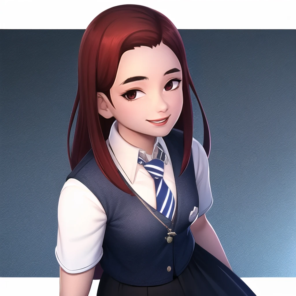 TulipKarasu, solo, upper body, long hair, white shirt, collared shirt, sleeves rolled up, blue necktie, black skirt, striped necktie, medium breasts, looking at viewer, smile, cowboy shot, <lora:TulipKarasu_v1:0.8>