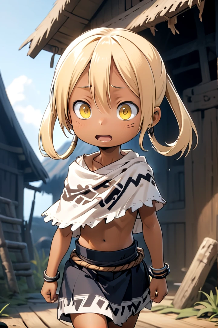 <lora:irumyuuisdxl-000019:0.5>
8 year old girl, mia_irumyuui,
she has (blonde hair).
(yellow eye color), sfw,
(blonde hair rings:1.5),
dark skin, wooden village, (flat chest), white tribal savage rag skirt,
outside, well lit, naval, chest fully covered in white savage tribal rags,
draw it in the style of made in abyss,
The soft lighting and detailed surroundings create an immersive environment where imagination runs wild
high quality visuals, dim Lighting, sharply focused, octane render, 8k UHD