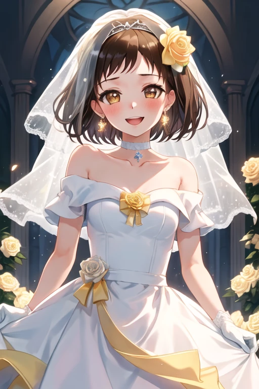 best quality, masterpiece, highres, solo, {hazawa_tsugumi_bangdream:1.15}, brown_hair, short_hair, brown_eyes, blush, smile, bangs, open_mouth, 1girl, bow, choker, collarbone, dress, earrings, flower, gloves, jewelry, rose, veil, white_bow, yellow_flower, yellow_rose, bridal_veil, off_shoulder, short_sleeves, wedding_dress, white_dress, bare_shoulders, hair_bow, hair_flower, looking_at_viewer, off-shoulder_dress, white_gloves, hair_ornament