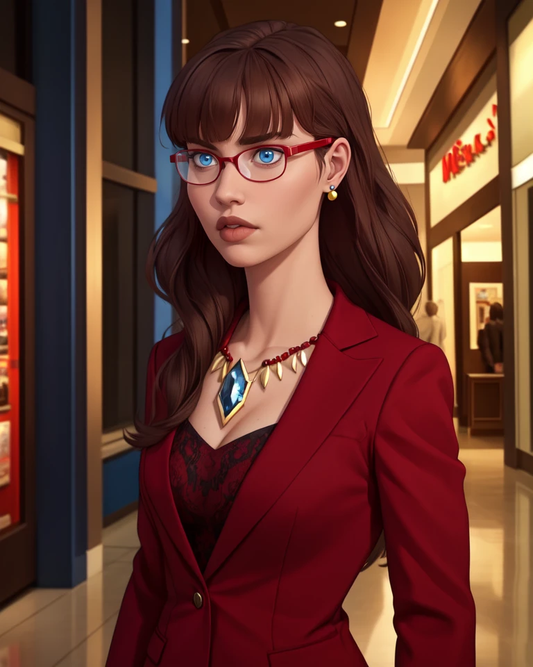 holly,long hair,blue eyes,lips,brown hair,
earrings,bangs,red glasses,red suit,necklace,
standing,upper body,mall,
(insanely detailed, beautiful detailed face, masterpiece, best quality),solo,<lora:warwoman:0.8>,