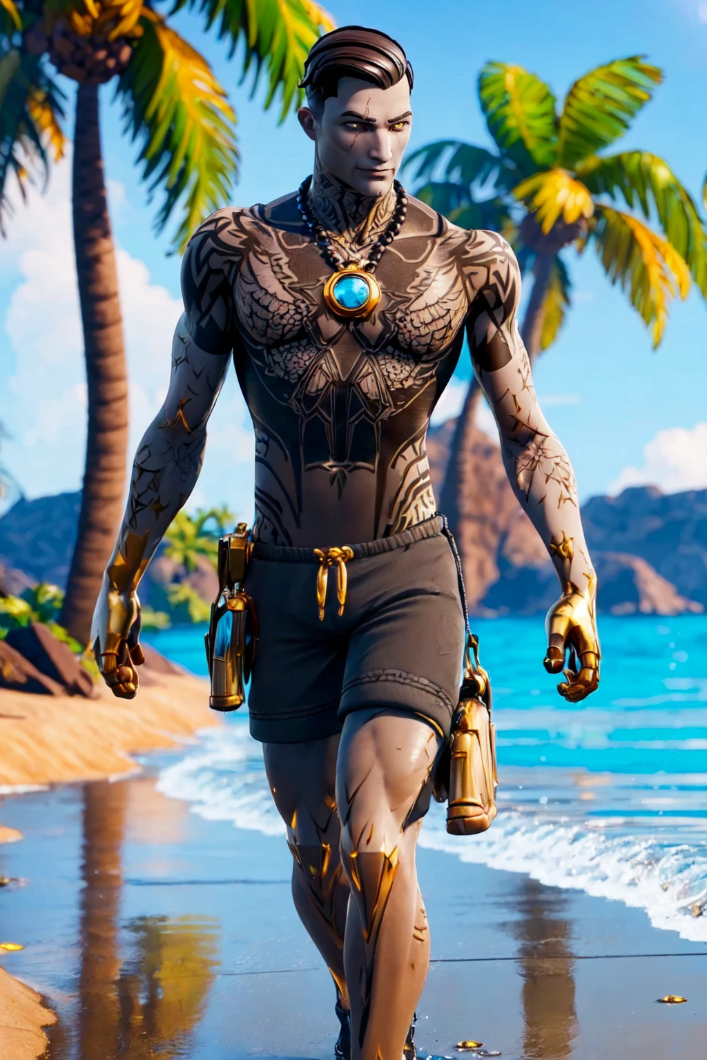 (a man walking on the beach, wet body, water dripping, palms in background) (full body), high detail skin, high detail eyes, high detail hair, highres, ultra detailed:1.2, detailed pores, imperfect skin:1.2, detailed reflective shiny skin, diffused skin pores,sharpen picture, Highly detailed, masterpiece, best quality <lora:MidasLoRA:1> midas, with, tattoos, scar, and  holding, gun, shorts, golden hands,