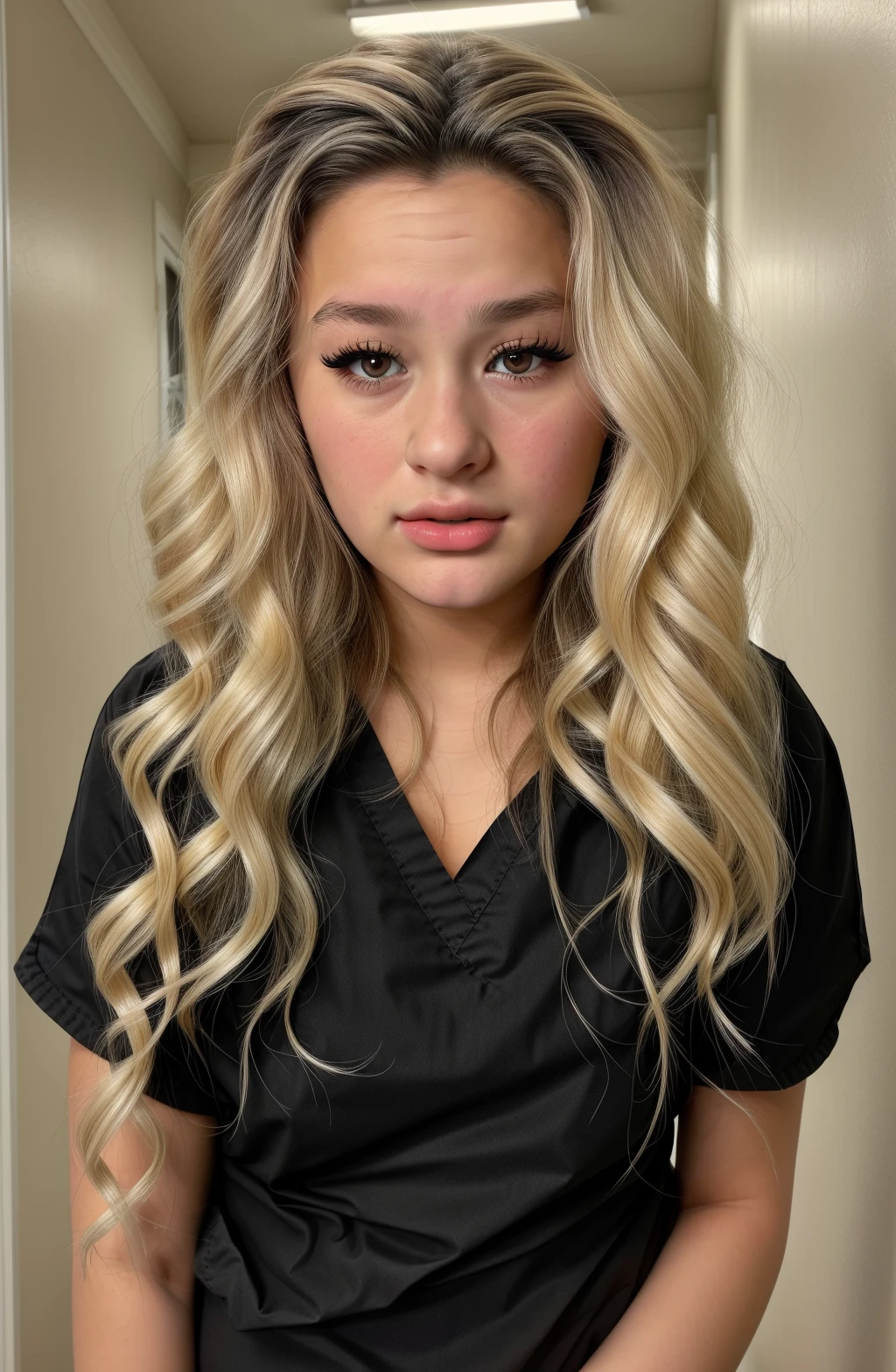 @trinity morisette, Trinity Morisette \(Person\), masterpiece, 1girl, black eyes:1.5, nose, blonde hair, closed mouth, eyeliner, closed mouth, looking at viewer, long hair,red parted lips, medical scrubs, background: hospital hallway, <lora:Trinity-Morisette:0.7>