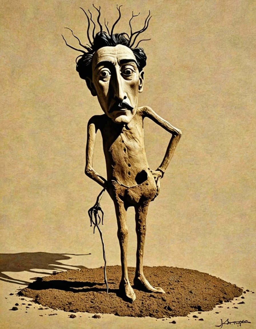 A character or object made out of Parched soil, remodernism, Viola Paterson. A surrealist sketch in the style of Salvador Dali.