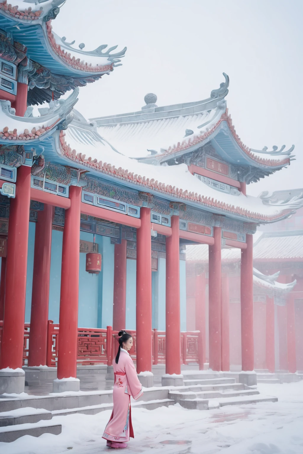 1 beautiful girl,,chinese architecture, Pink, white, light blue building with red columns and cornices, chinese tradition architecture,snowing, <lora:Joi Qiao:0.6><lora:blindbox_v1_mix:1.0>
