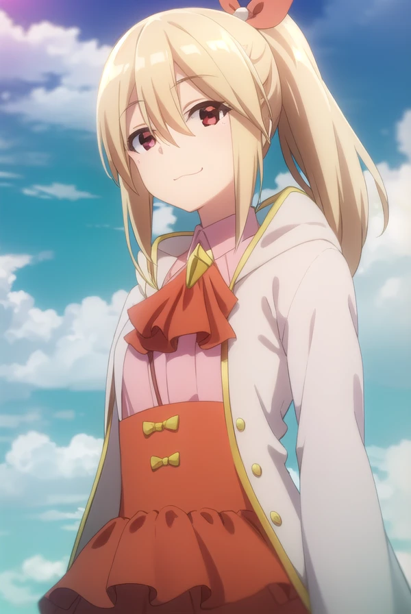 bofurifrederica, <lora:bofuri frederica s2-lora-nochekaiser:1>,
frederica, long hair, bangs, blonde hair, (red eyes:1.3), bow, hair between eyes, hair bow, ponytail, side ponytail, smile,
BREAK skirt, long sleeves, dress, jacket, open clothes, wide sleeves, coat, ascot, white jacket,
BREAK outdoors, forest, nature, sky, sun, clouds,
BREAK looking at viewer,
BREAK <lyco:GoodHands-beta2:1>, (masterpiece:1.2), best quality, high resolution, unity 8k wallpaper, (illustration:0.8), (beautiful detailed eyes:1.6), extremely detailed face, perfect lighting, extremely detailed CG, (perfect hands, perfect anatomy),