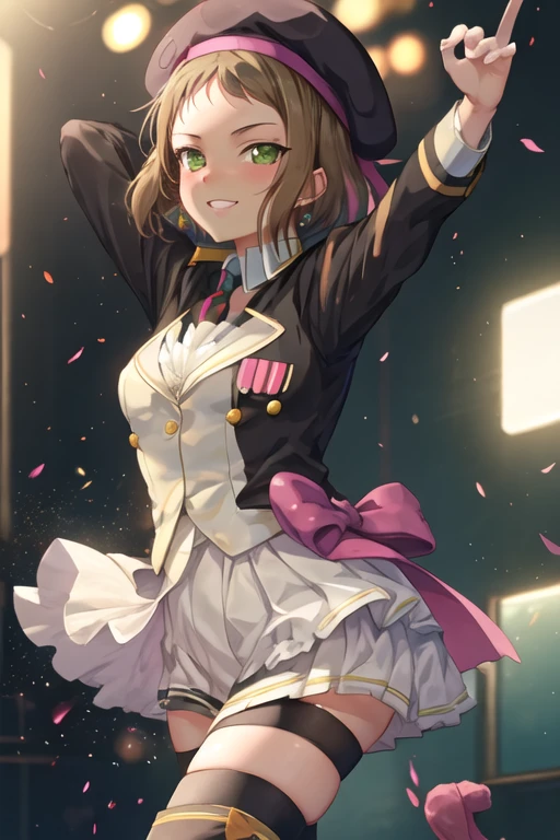 best quality, masterpiece, highres, solo, {kira_tsubasa_lovelive:1.15}, green_eyes, short_hair, brown_hair, smile, blush, hat, beret