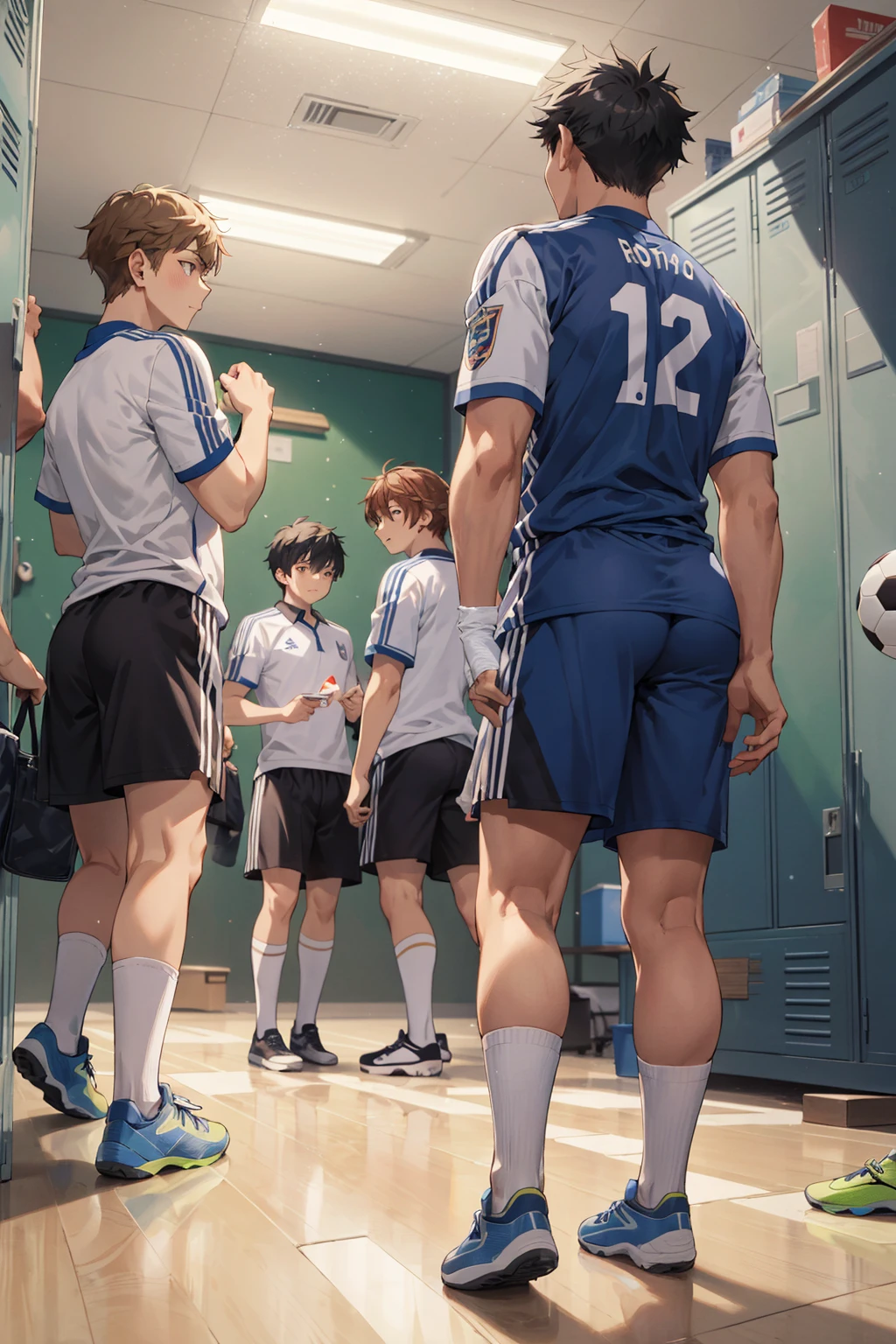 wide Shot,(best hands),best quality,(masterpiece:1.1576), (ultra detailed 8k art:1.05),Soccer team, locker room, (multiple boys, after school:1.4), soccer wear, sports shoes, chatting,club activities,Youth